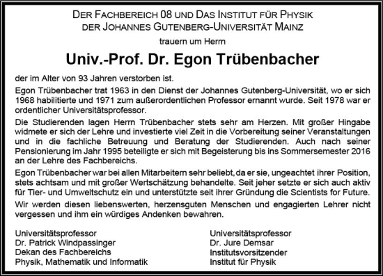 Traueranzeige von Egon Trübenbacher von Allgemeine Zeitung Mainz
