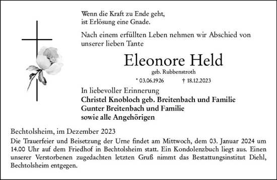 Traueranzeige von Eleonore Held von Allgemeine Zeitung Alzey