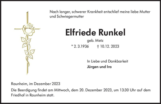 Traueranzeige von Elfriede Runkel von Rüsselsheimer Echo