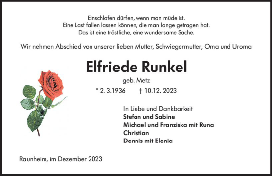 Traueranzeige von Elfriede Runkel von Rüsselsheimer Echo