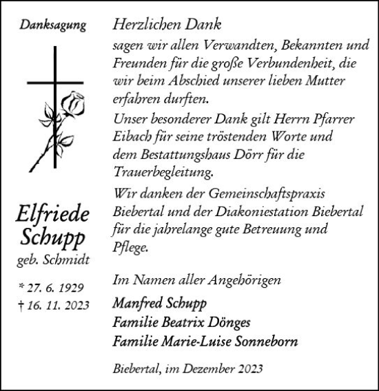 Traueranzeige von Elfriede Schupp von Wetzlarer Neue Zeitung