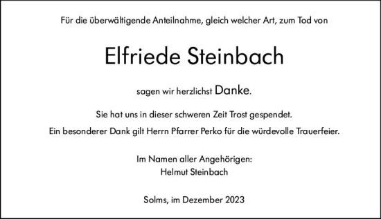 Traueranzeige von Elfriede Steinbach von Wetzlarer Neue Zeitung