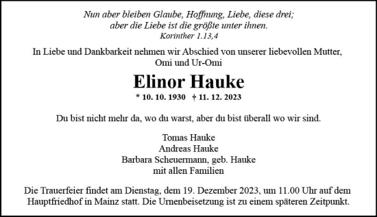 Traueranzeige von Elinor Hauke von Allgemeine Zeitung Mainz