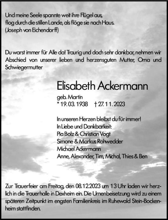 Traueranzeige von Elisabeth Ackermann von Allgemeine Zeitung Mainz