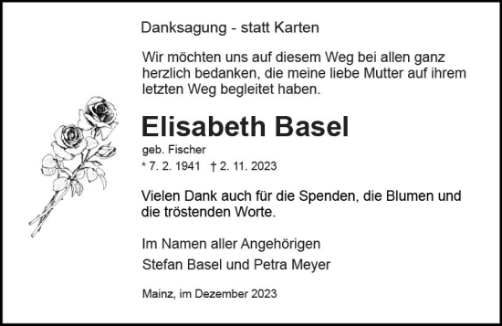 Traueranzeige von Elisabeth Basel von Allgemeine Zeitung Mainz