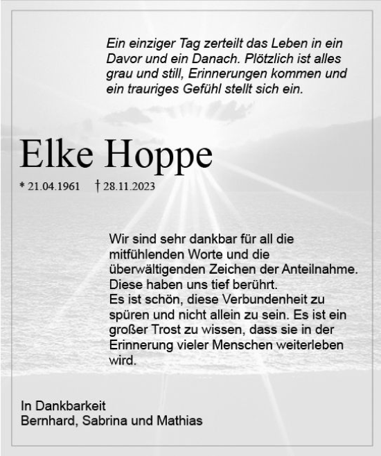 Traueranzeige von Elke Hoppe von Allgemeine Zeitung Mainz