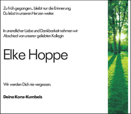 Traueranzeige von Elke Hoppe von Allgemeine Zeitung Mainz