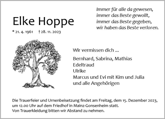 Traueranzeige von Elke Hoppe von Allgemeine Zeitung Mainz