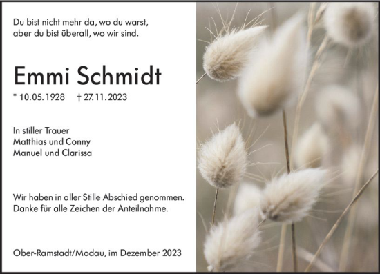 Traueranzeige von Emmi Schmidt von Darmstädter Echo
