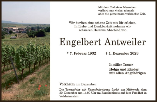 Traueranzeige von Engelbert Antweiler von Allgemeine Zeitung Alzey