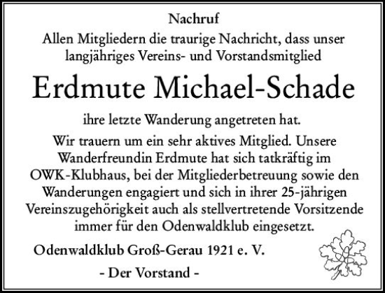 Traueranzeige von Erdmute Michael-Schade von Groß-Gerauer Echo