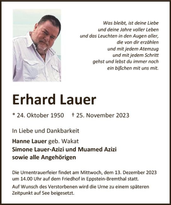 Traueranzeige von Erhard Lauer von Wiesbadener Kurier