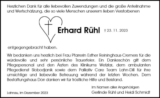 Traueranzeige von Erhard Rühl von Wetzlarer Neue Zeitung