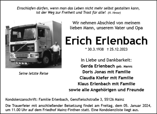 Traueranzeige von Erich Erlenbach von Allgemeine Zeitung Mainz