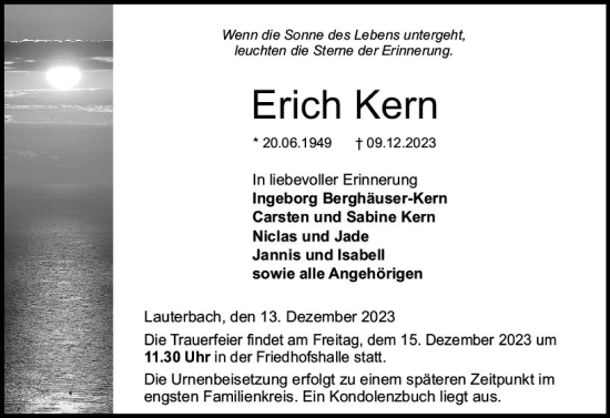 Traueranzeige von Erich Kern von VRM Trauer