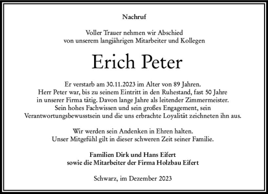 Traueranzeige von Erich Peter von VRM Trauer