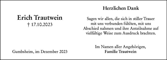 Traueranzeige von Erich Trautwein von Allgemeine Zeitung Alzey