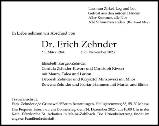 Traueranzeige von Erich Zehnder von Allgemeine Zeitung Mainz