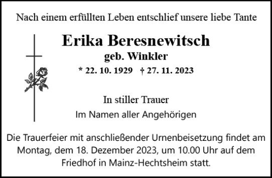 Traueranzeige von Erika Beresnewitsch von Allgemeine Zeitung Mainz