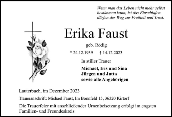Traueranzeige von Erika Faust von VRM Trauer