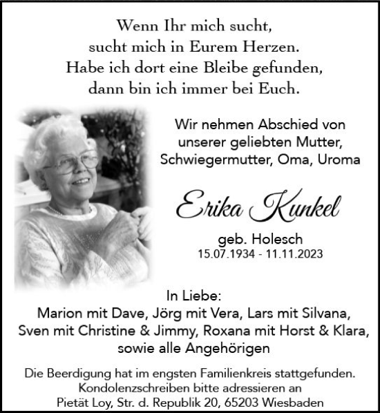 Traueranzeige von Erika Kunkel von Wiesbadener Kurier