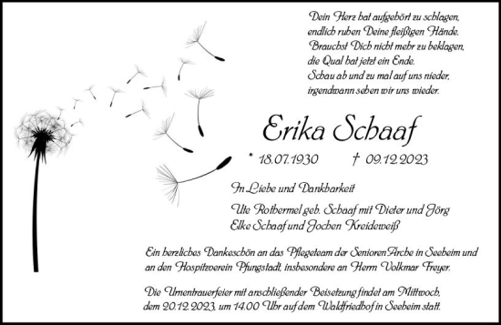 Traueranzeige von Erika Schaaf von Darmstädter Echo