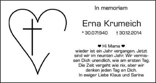 Traueranzeige von Erna Krumeich von Wiesbadener Kurier
