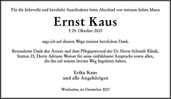 Traueranzeige von Ernst Kaus von Wiesbadener Kurier