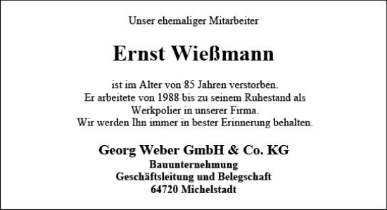 Traueranzeige von Ernst Wießmann von Odenwälder Echo