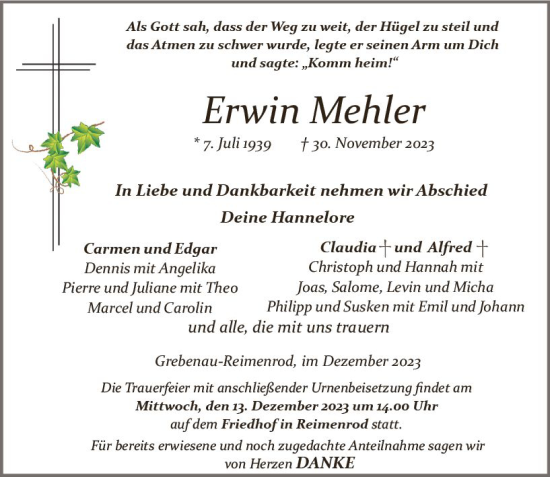 Traueranzeige von Erwin Mehlen von Oberhessen Kurier