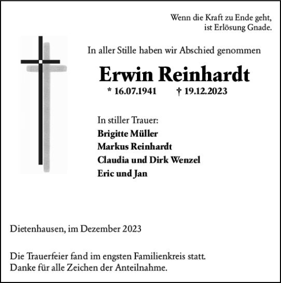 Traueranzeige von Erwin Reinhardt von Weilburger Tageblatt