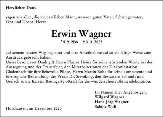 Traueranzeige von Erwin Wagner von Hinterländer Anzeiger