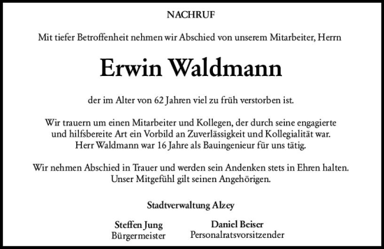 Traueranzeige von Erwin Waldmann von Allgemeine Zeitung Alzey