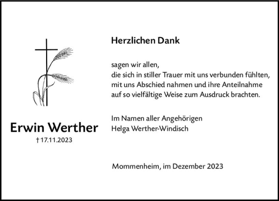 Traueranzeige von Erwin Werther von Allgemeine Zeitung Mainz