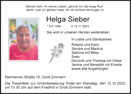 Traueranzeige von Helga Sieber von DARMSTÄDTER ECHO