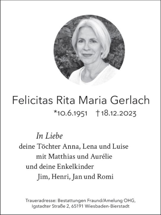 Traueranzeige von Felicitas Rita Maria Gerlach von Wiesbadener Kurier