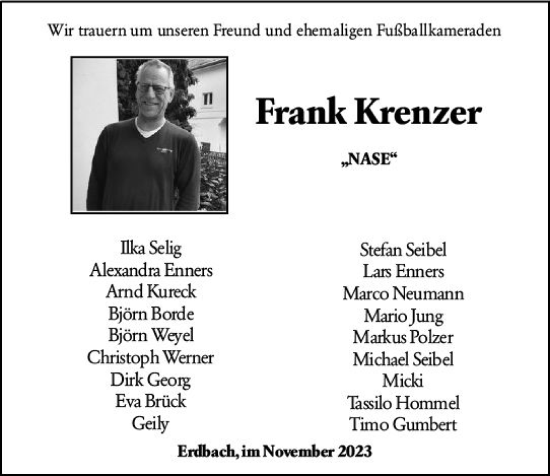 Traueranzeige von Frank Krenzer von Dill Block