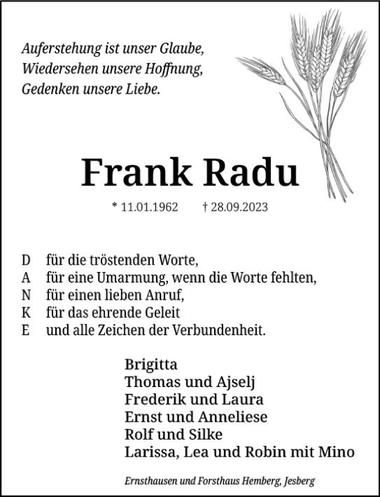 Traueranzeige von Frank Radu von Weilburger Tageblatt