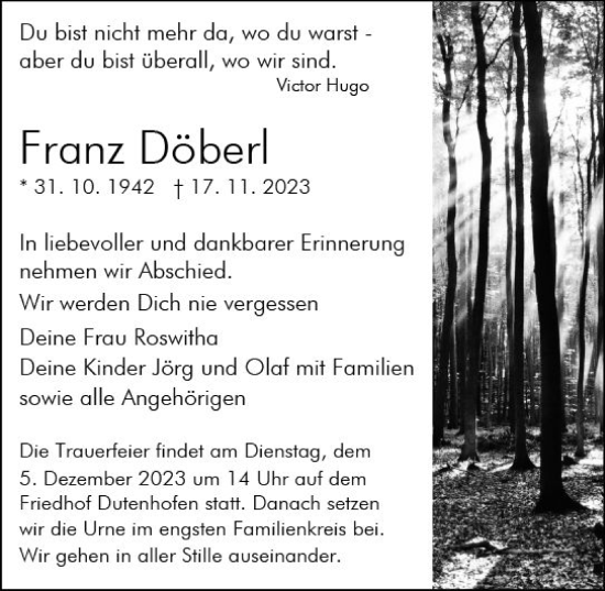 Traueranzeige von Franz Döberl von Wetzlarer Neue Zeitung