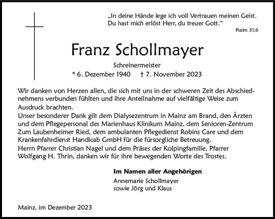 Traueranzeige von Franz Schollmayer von Allgemeine Zeitung Mainz