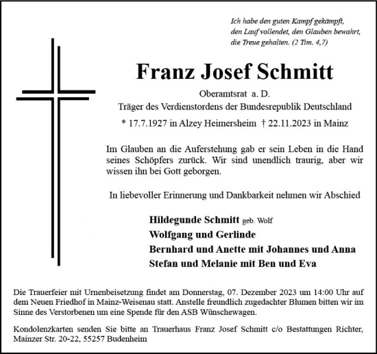 Traueranzeige von Franz Josef Schmitt von Allgemeine Zeitung Mainz