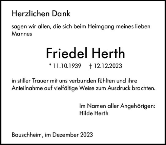 Traueranzeige von Friedel Herth von Rüsselsheimer Echo