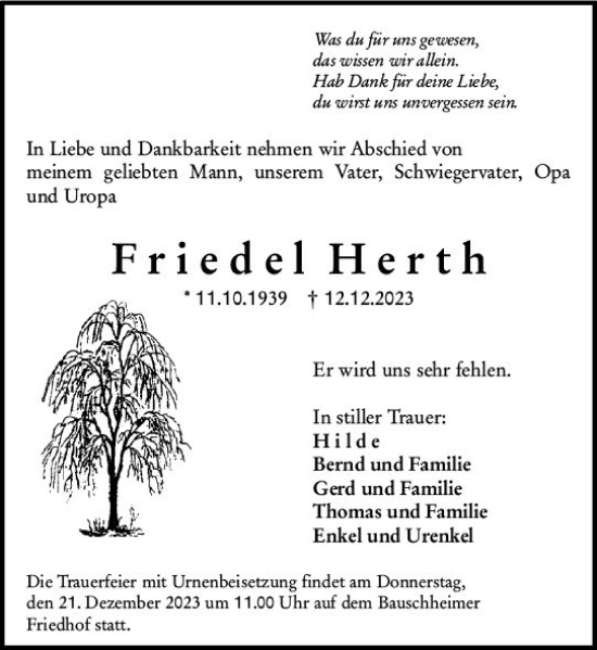 Traueranzeige von Friedel Herth von Rüsselsheimer Echo