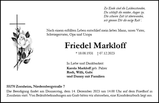 Traueranzeige von Friedel Markloff von Allgemeine Zeitung Mainz