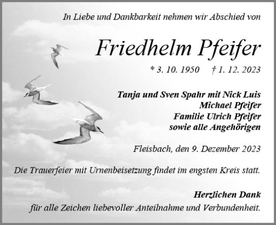 Traueranzeige von Friedhelm Pfeifer von Dill Block