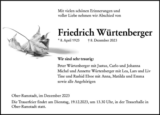 Traueranzeige von Friedrich Würtenberger von Darmstädter Echo