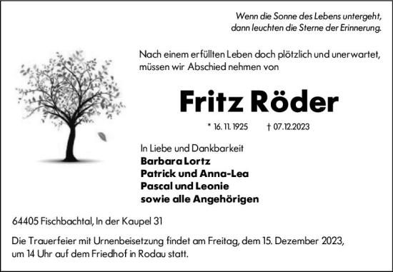 Traueranzeige von Fritz Röder von Darmstädter Echo