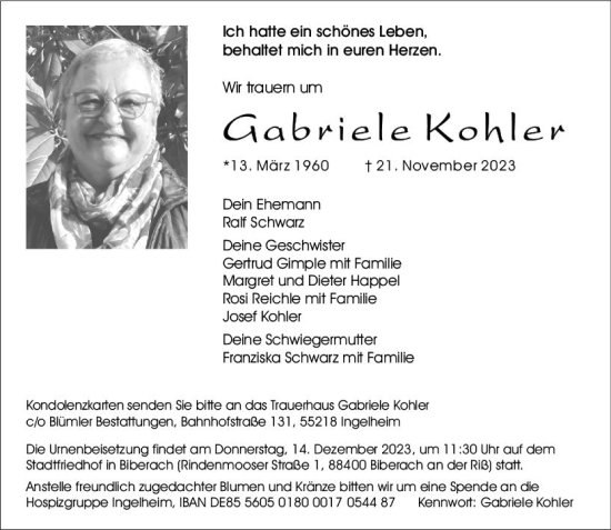 Traueranzeige von Gabriele Kohler von Allgemeine Zeitung Bingen/Ingelheim