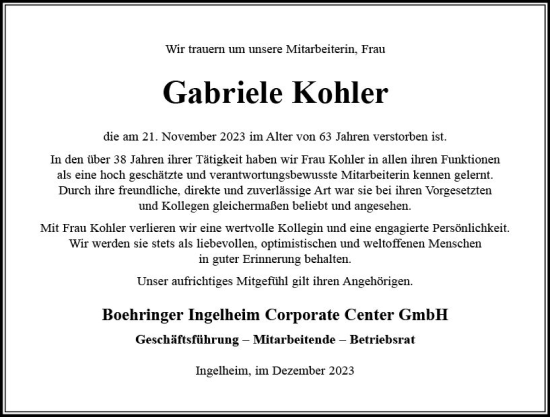 Traueranzeige von Gabriele Kohler von Allgemeine Zeitung Bingen/Ingelheim
