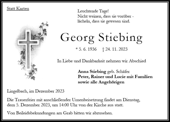 Traueranzeige von Georg Stiebing von Oberhessen Kurier